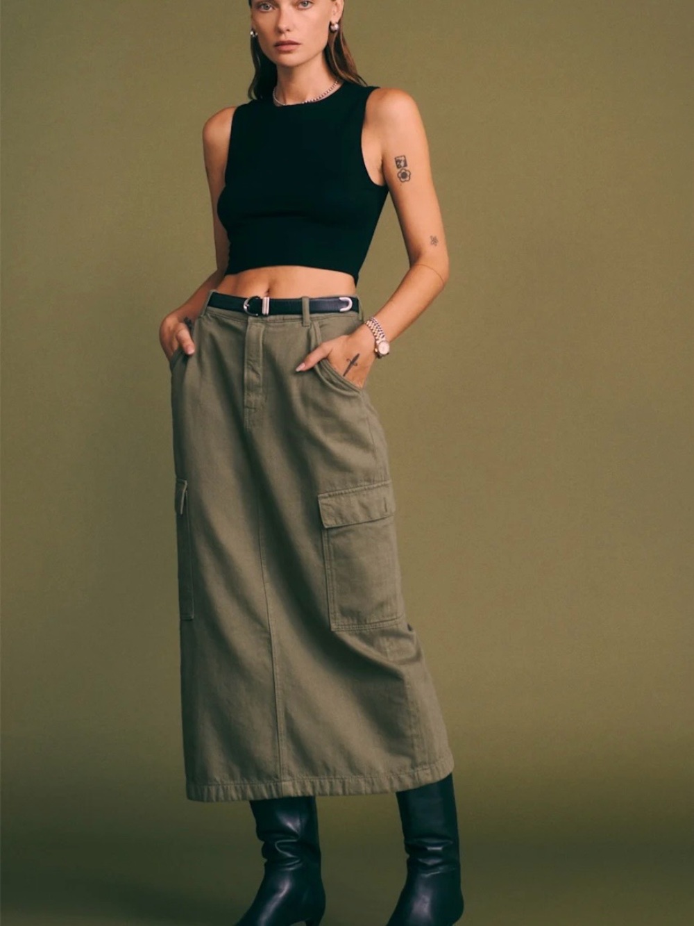 Olive Green/Army Green Maggie Cargo Midi Skirt by Reformation- Women’s 25